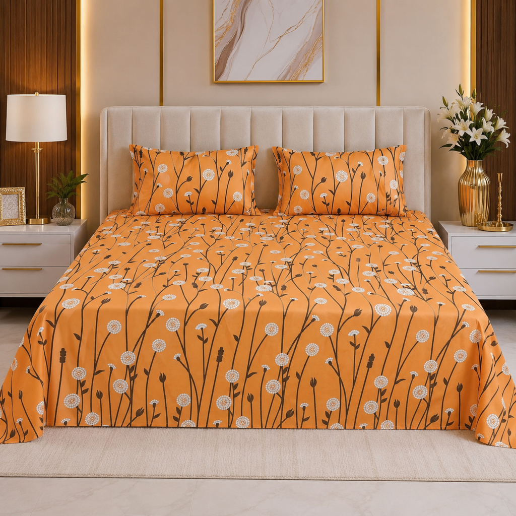 Premium Cotton Printed Bedsheet – Mustard Floral
