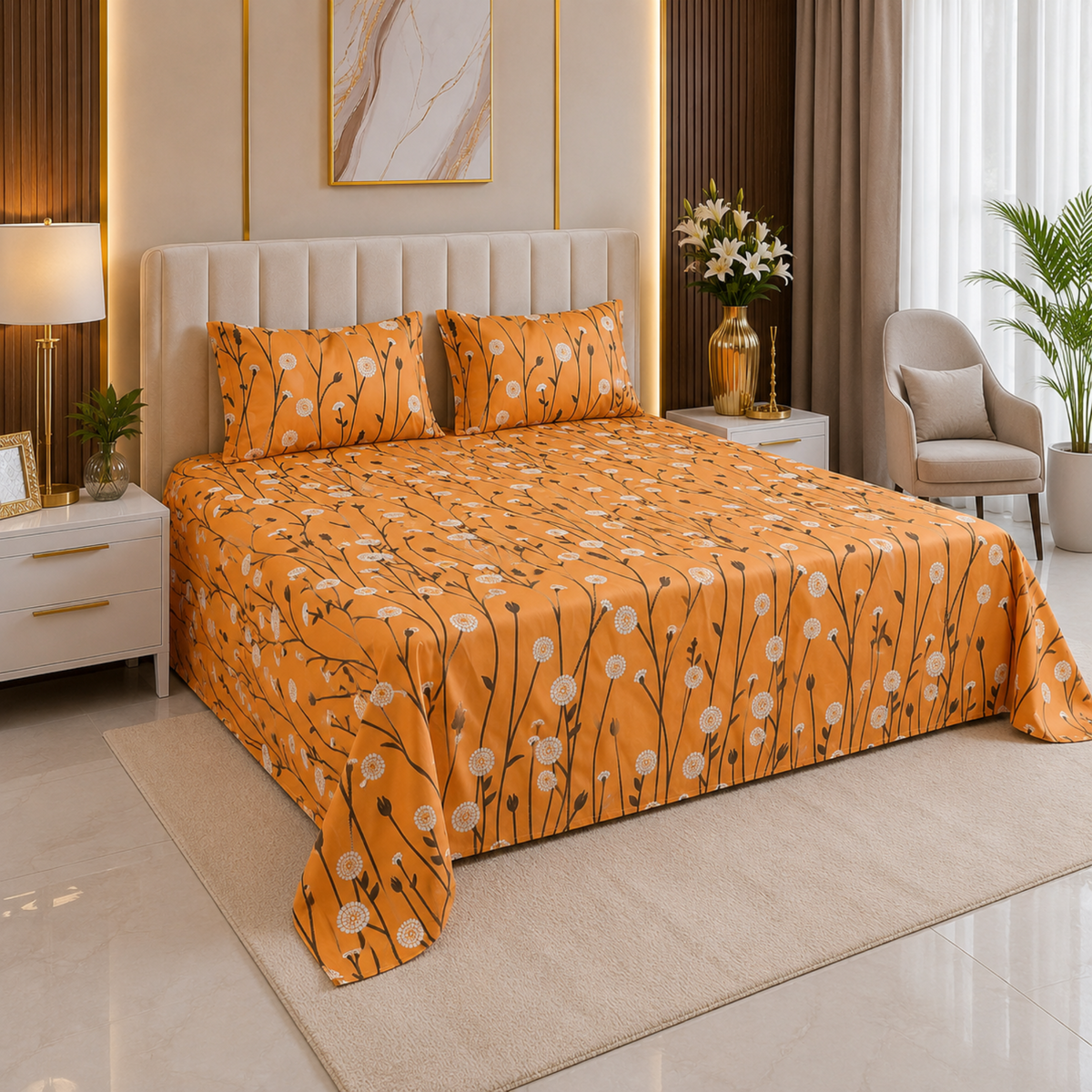 Premium Cotton Printed Bedsheet – Mustard Floral