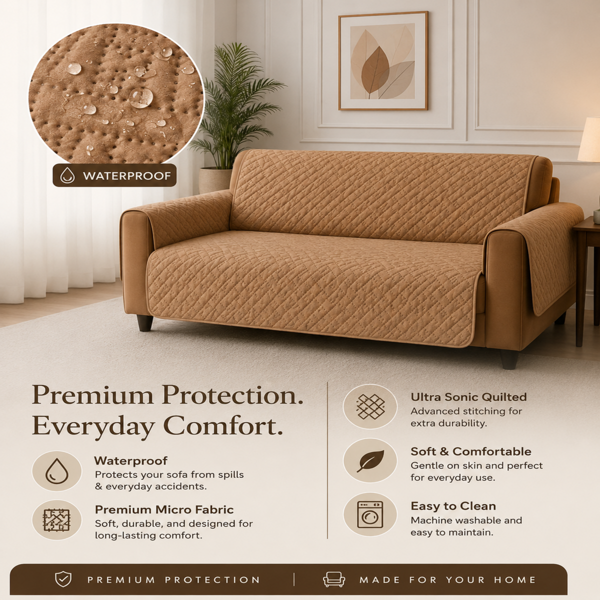 Velora Ultra Sonic Waterproof Sofa Cover – Premium Micro Fabric, Camel