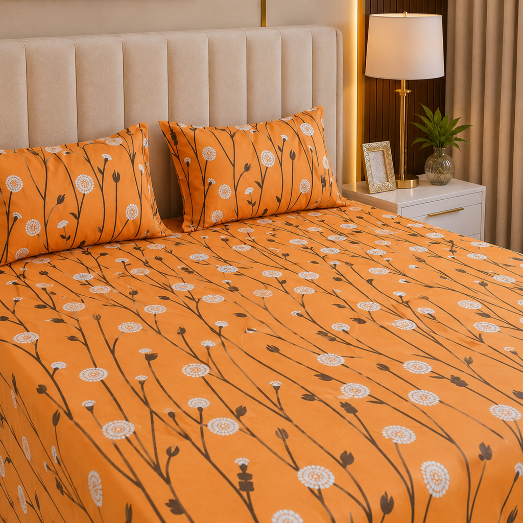 Premium Cotton Printed Bedsheet – Mustard Floral