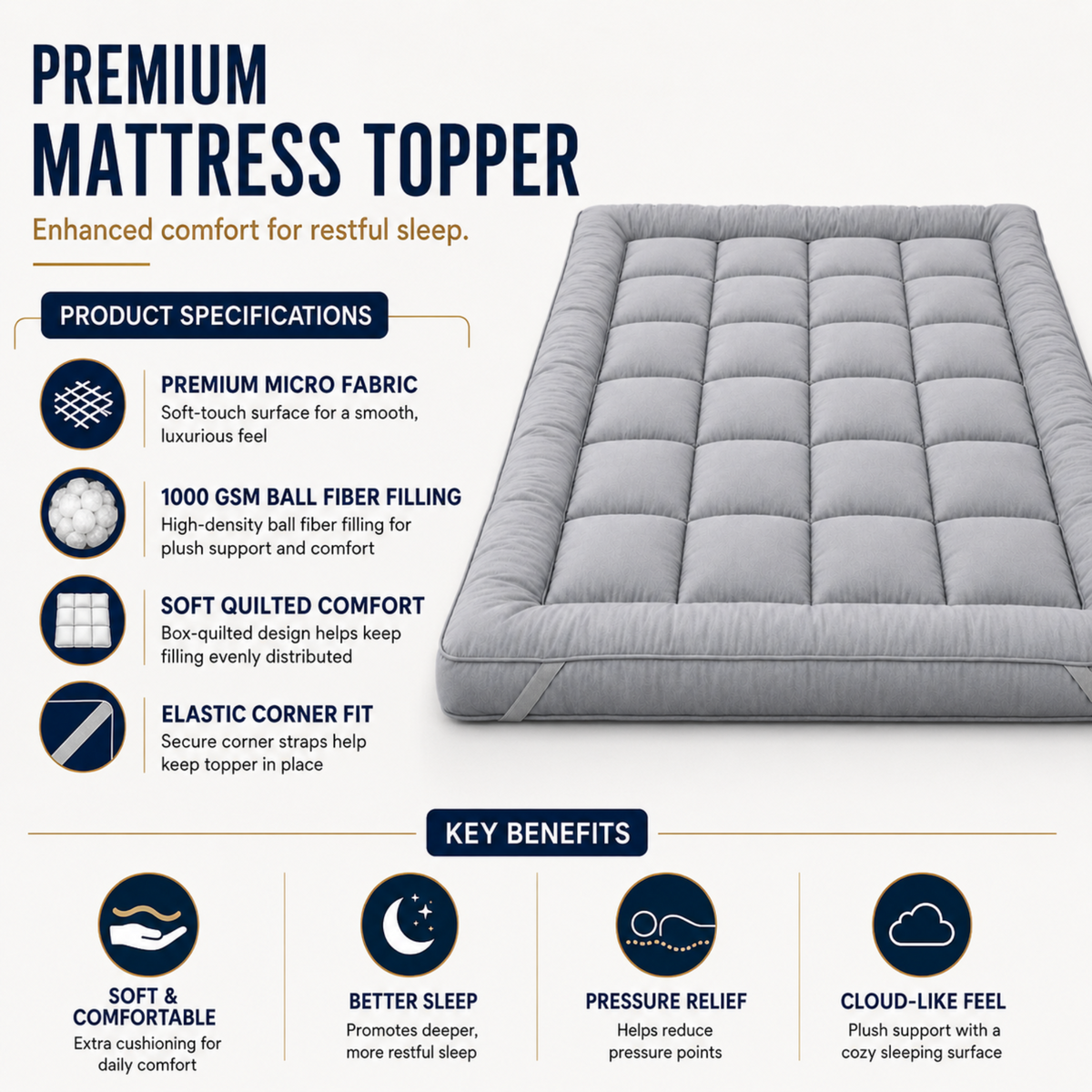 Premium 1000 GSM Ball Fiber Mattress Topper – Soft Quilted Comfort
