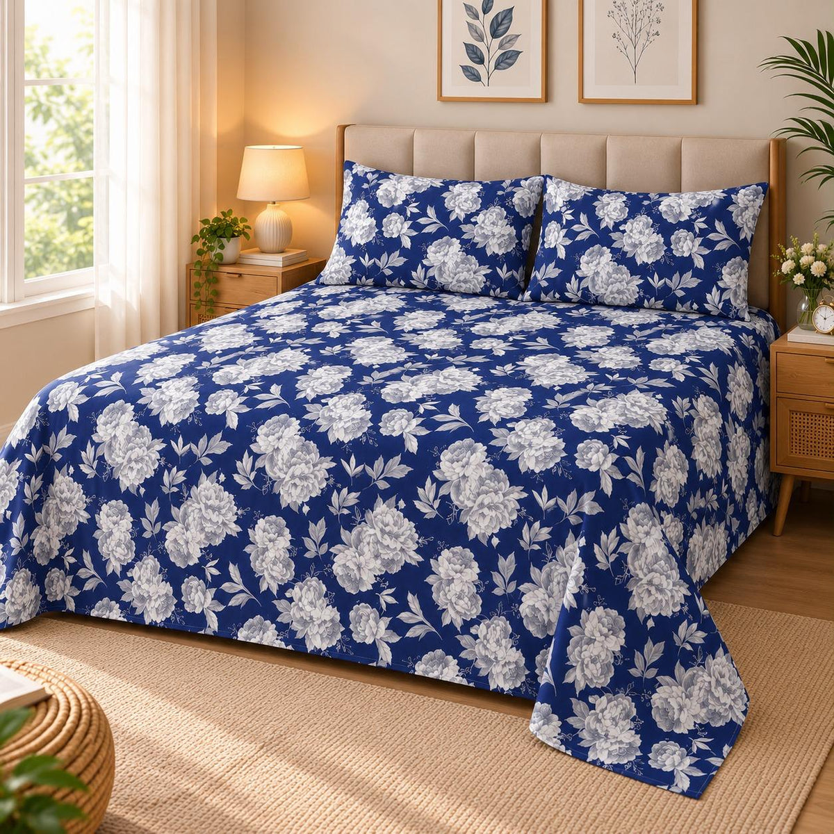 Vintage Peony Printed Bed Sheet – Navy (100% Cotton Fabric)