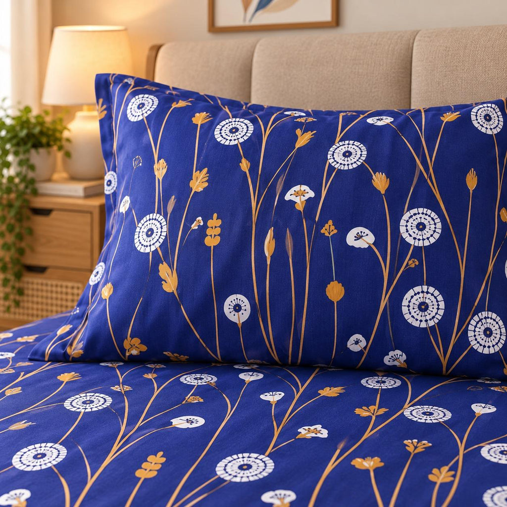 Dandelion Fields Printed Bed Sheet – Royal Blue (100% Cotton Fabric)