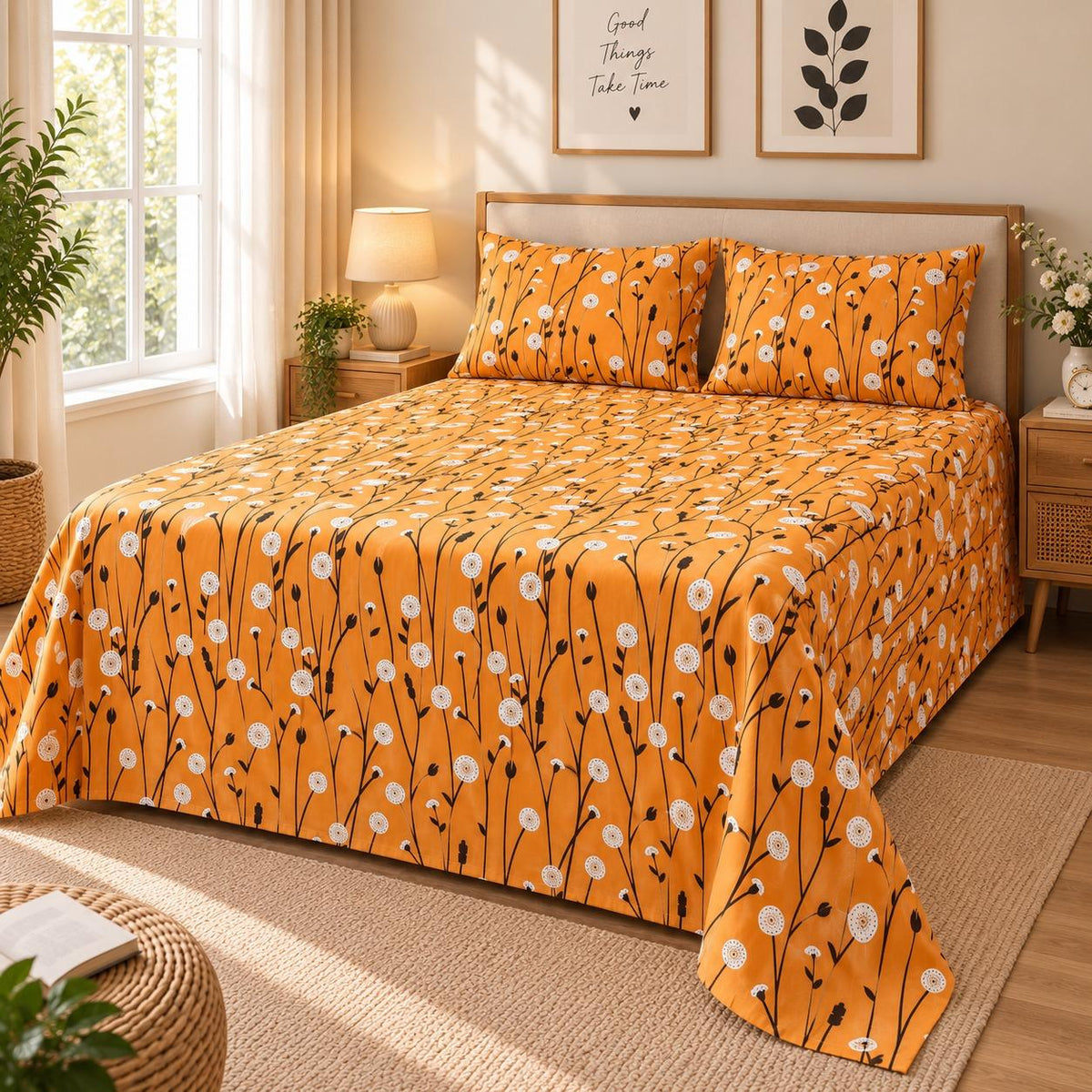 Dandelion Fields Printed Bed Sheet – Mustard (100% Cotton Fabric)