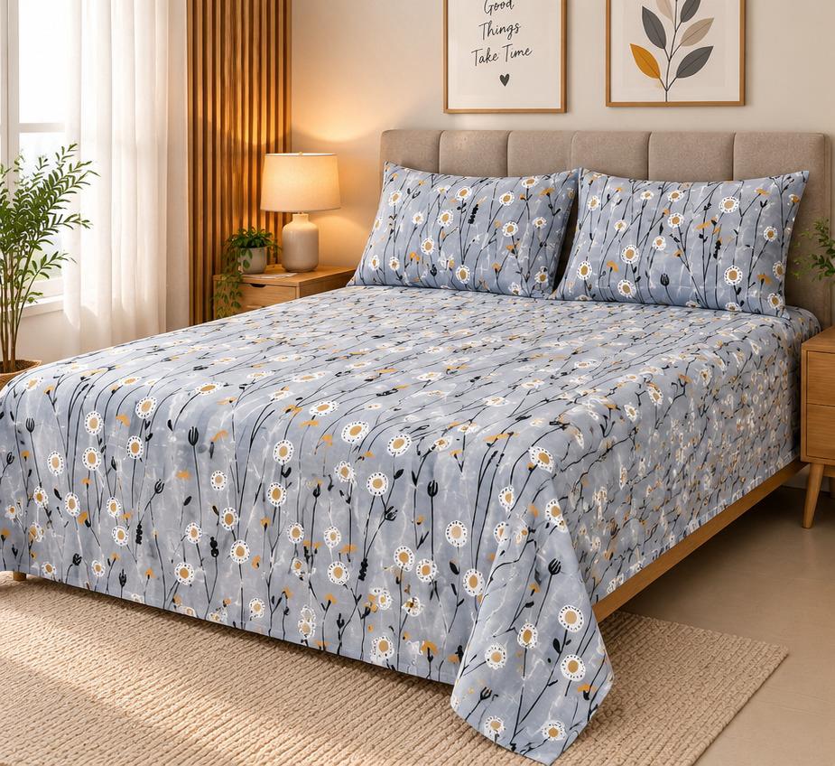 Dandelion Fields Printed Bed Sheet – Grey (100% Cotton Fabric)