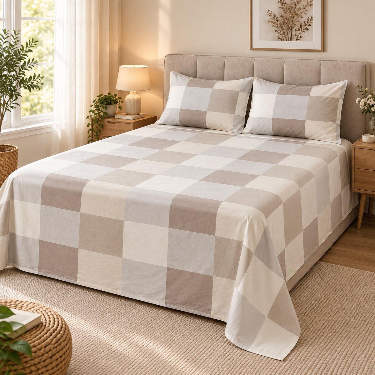 Buffalo Check Printed Bed Sheet – Beige (100% Cotton Fabric)