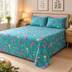 Meadow Bloom Printed Bed Sheet – Teal (100% Cotton Fabric)