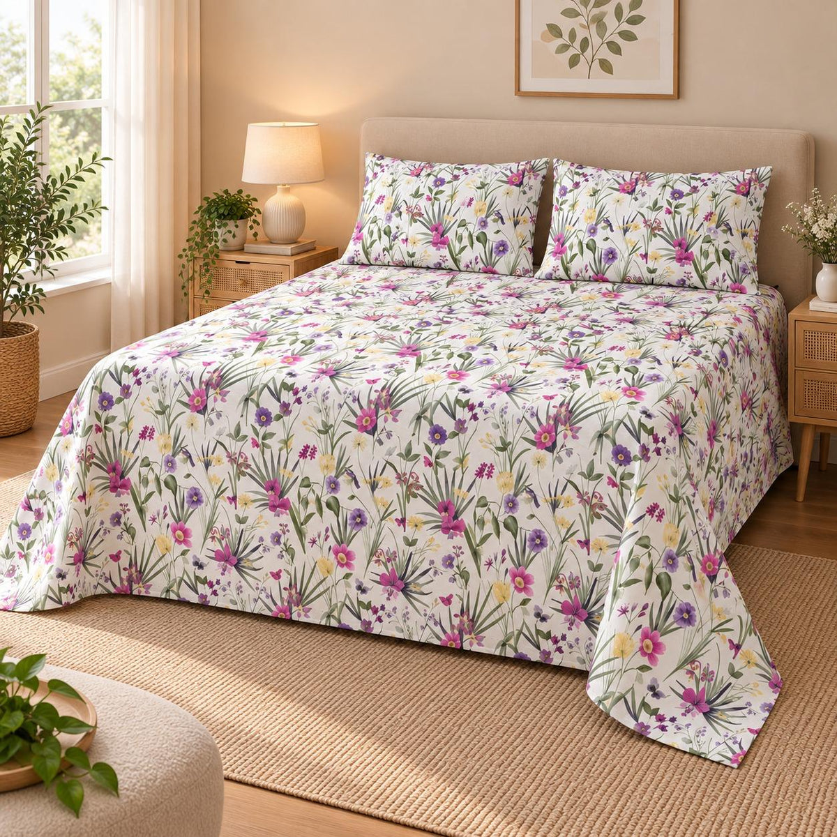 Meadow Bloom Printed Bed Sheet – Ivory (100% Cotton Fabric)