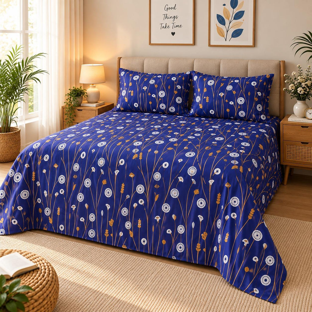 Dandelion Fields Printed Bed Sheet – Royal Blue (100% Cotton Fabric)