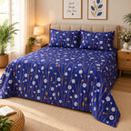 Dandelion Fields Printed Bed Sheet – Royal Blue (100% Cotton Fabric)