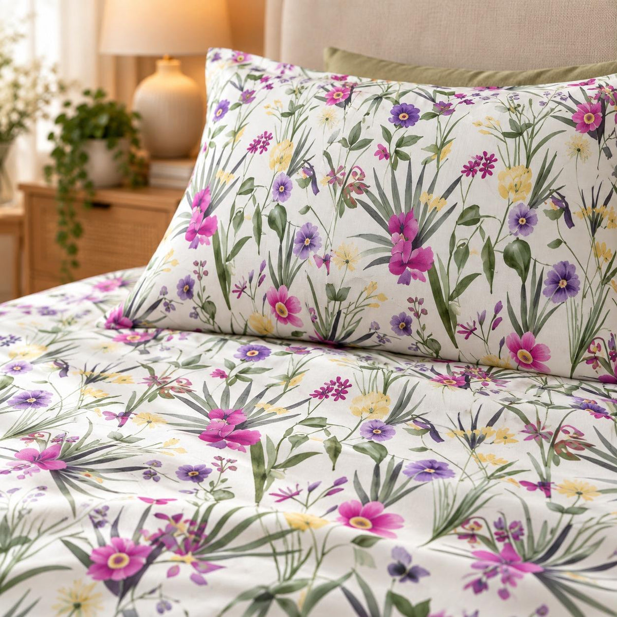 Meadow Bloom Printed Bed Sheet – Ivory (100% Cotton Fabric)