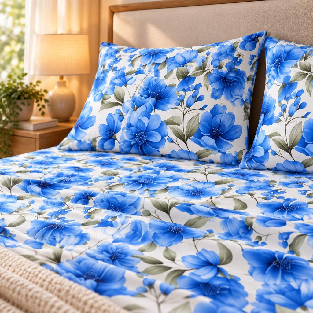 Azure Blossom Printed Bed Sheet – Blue (100% Cotton Fabric)