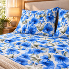 Azure Blossom Printed Bed Sheet – Blue (100% Cotton Fabric)