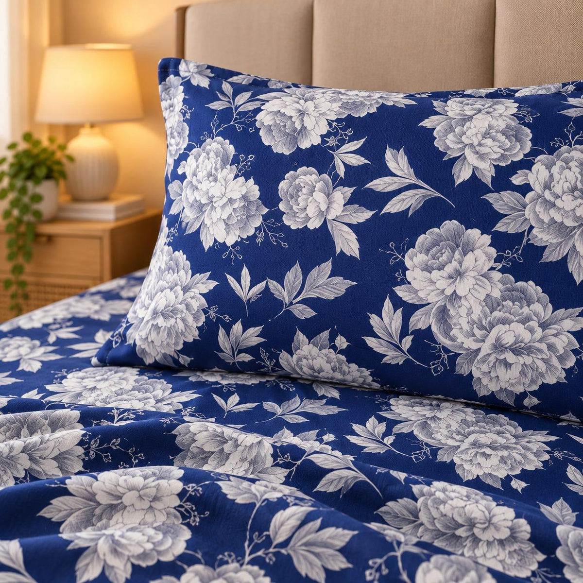 Vintage Peony Printed Bed Sheet – Navy (100% Cotton Fabric)