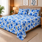 Azure Blossom Printed Bed Sheet – Blue (100% Cotton Fabric)