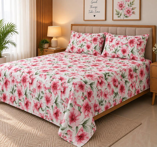 Cherry Blossom Printed Bed Sheet – Pink (100% Cotton Fabric)