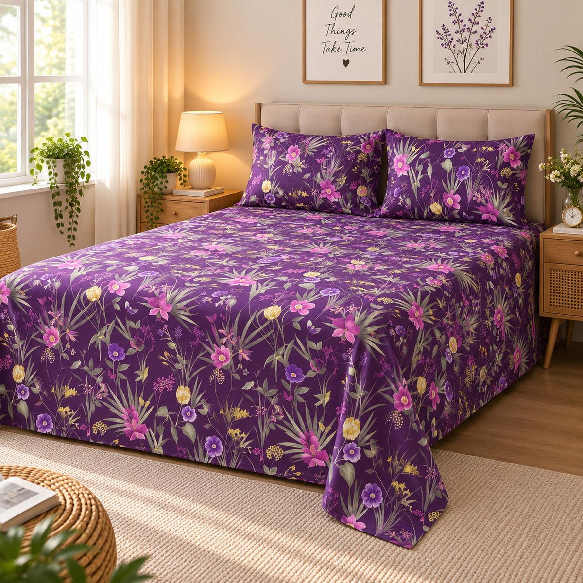 Meadow Bloom Printed Bed Sheet – Purple (100% Cotton Fabric)
