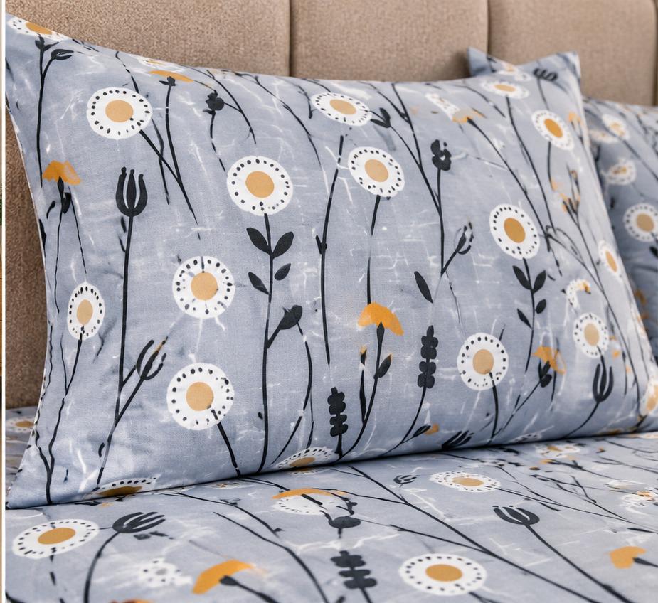 Dandelion Fields Printed Bed Sheet – Grey (100% Cotton Fabric)