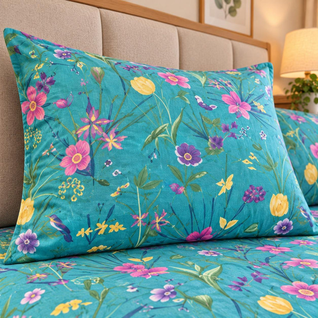 Meadow Bloom Printed Bed Sheet – Teal (100% Cotton Fabric)