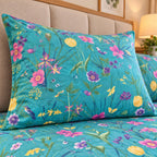 Meadow Bloom Printed Bed Sheet – Teal (100% Cotton Fabric)