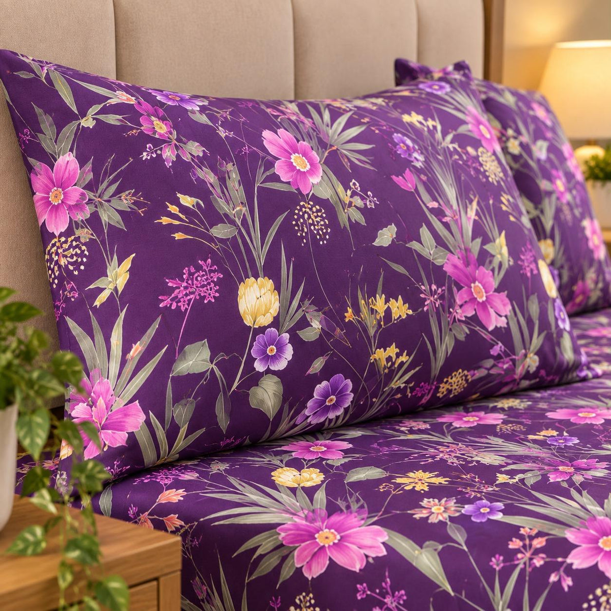Meadow Bloom Printed Bed Sheet – Purple (100% Cotton Fabric)