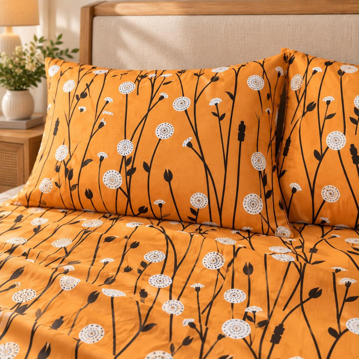 Dandelion Fields Printed Bed Sheet – Mustard (100% Cotton Fabric)