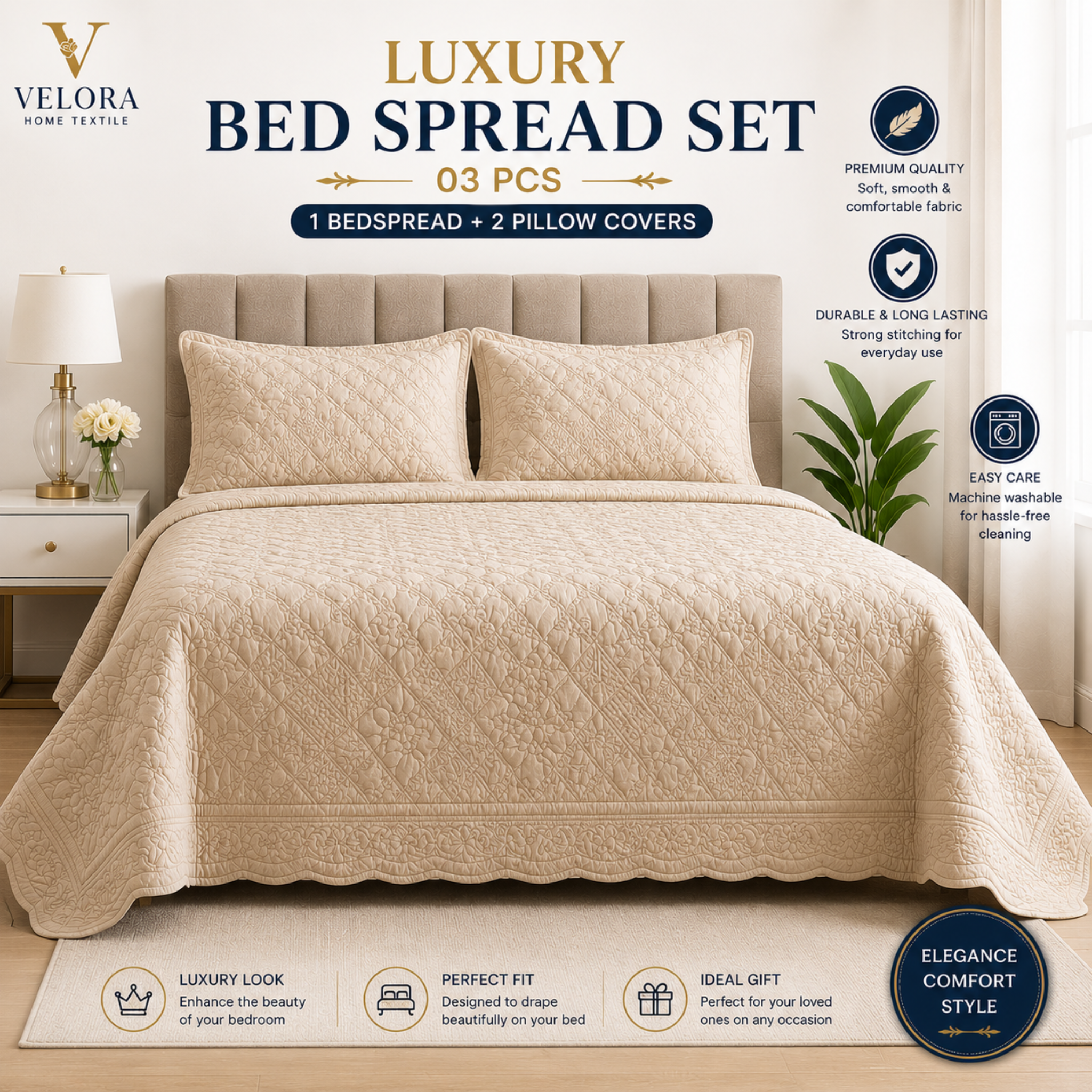 Luxury Bed Spread Set 3 Pcs – 1 Bedspread + 2 Pillow Covers