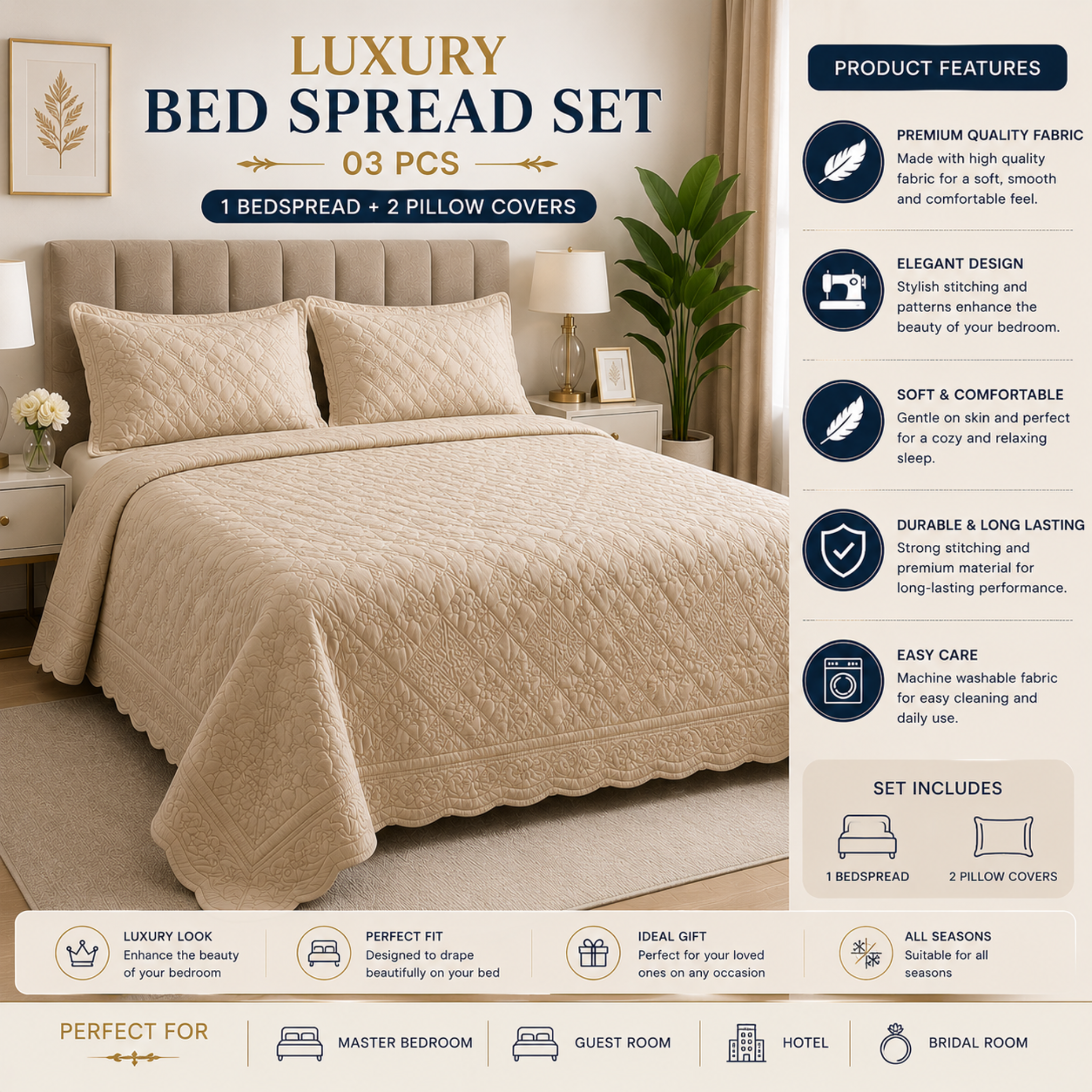 Luxury Bed Spread Set 3 Pcs – 1 Bedspread + 2 Pillow Covers
