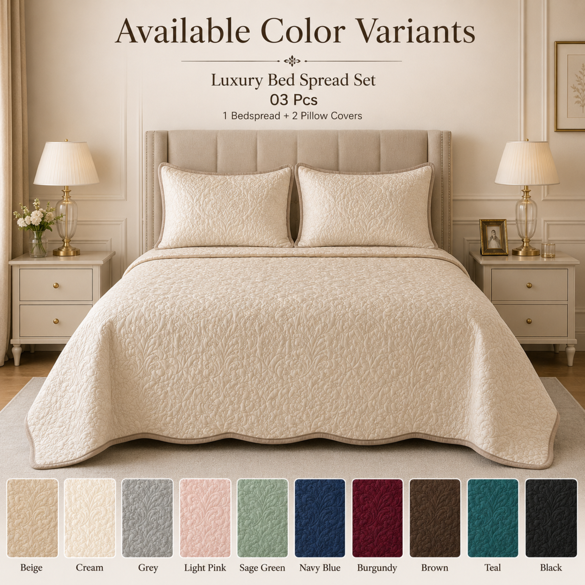 Luxury Bed Spread Set 3 Pcs – 1 Bedspread + 2 Pillow Covers