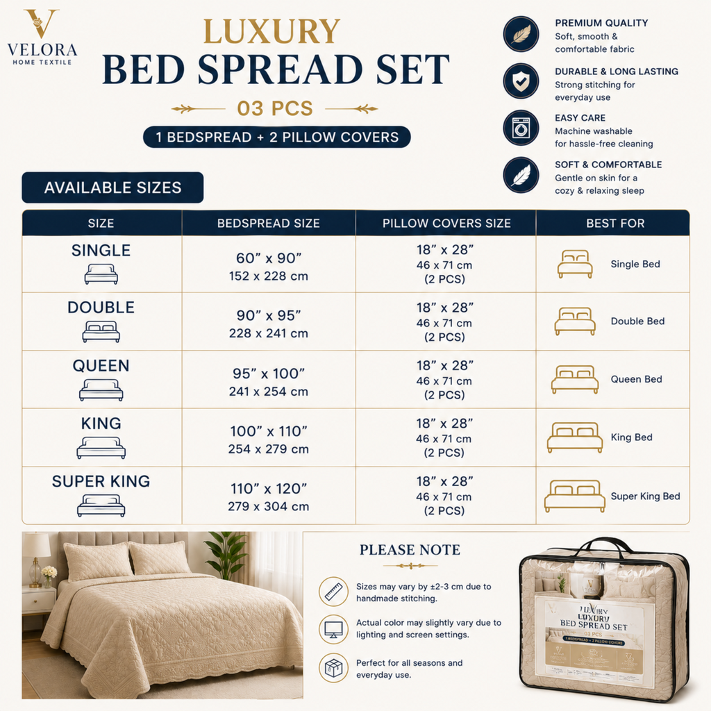 Luxury Bed Spread Set 3 Pcs – 1 Bedspread + 2 Pillow Covers