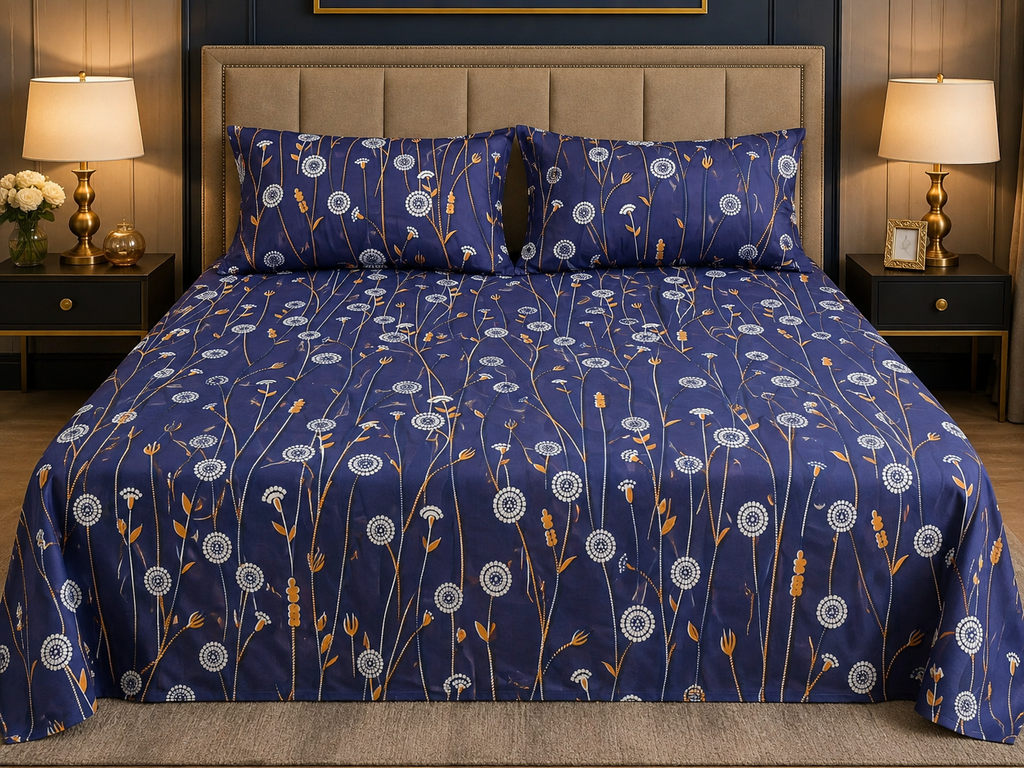 Premium Cotton Printed Bedsheet – Navy Floral