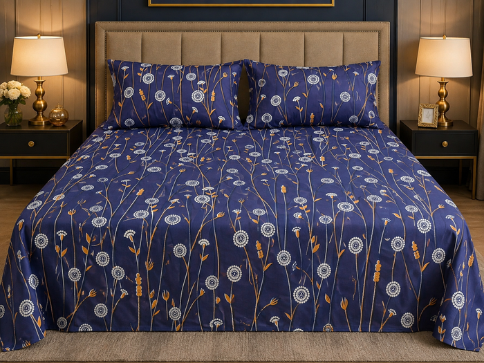 Premium Cotton Printed Bedsheet – Navy Floral