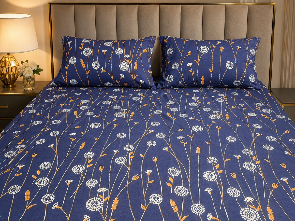 Premium Cotton Printed Bedsheet – Navy Floral