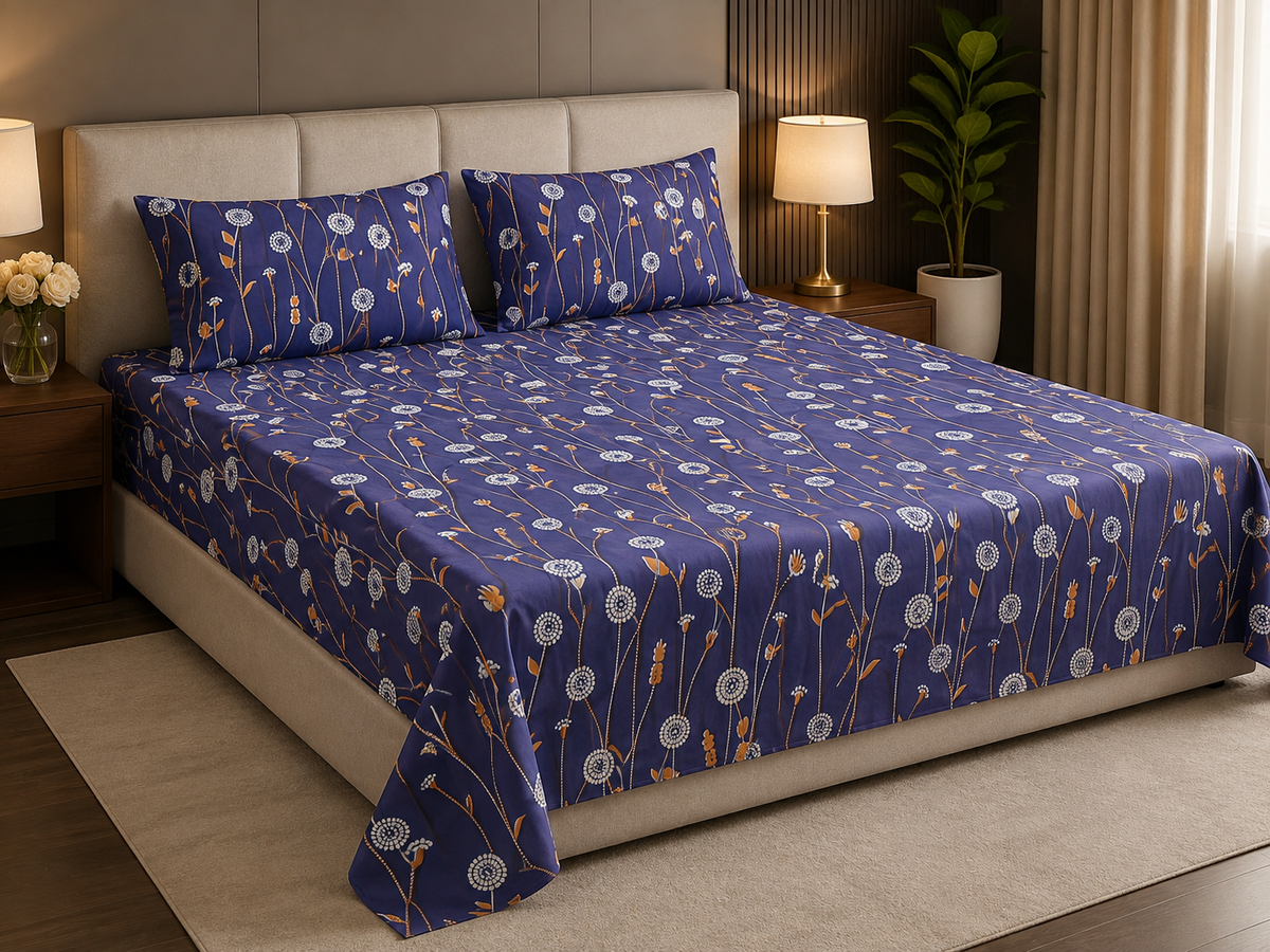 Premium Cotton Printed Bedsheet – Navy Floral