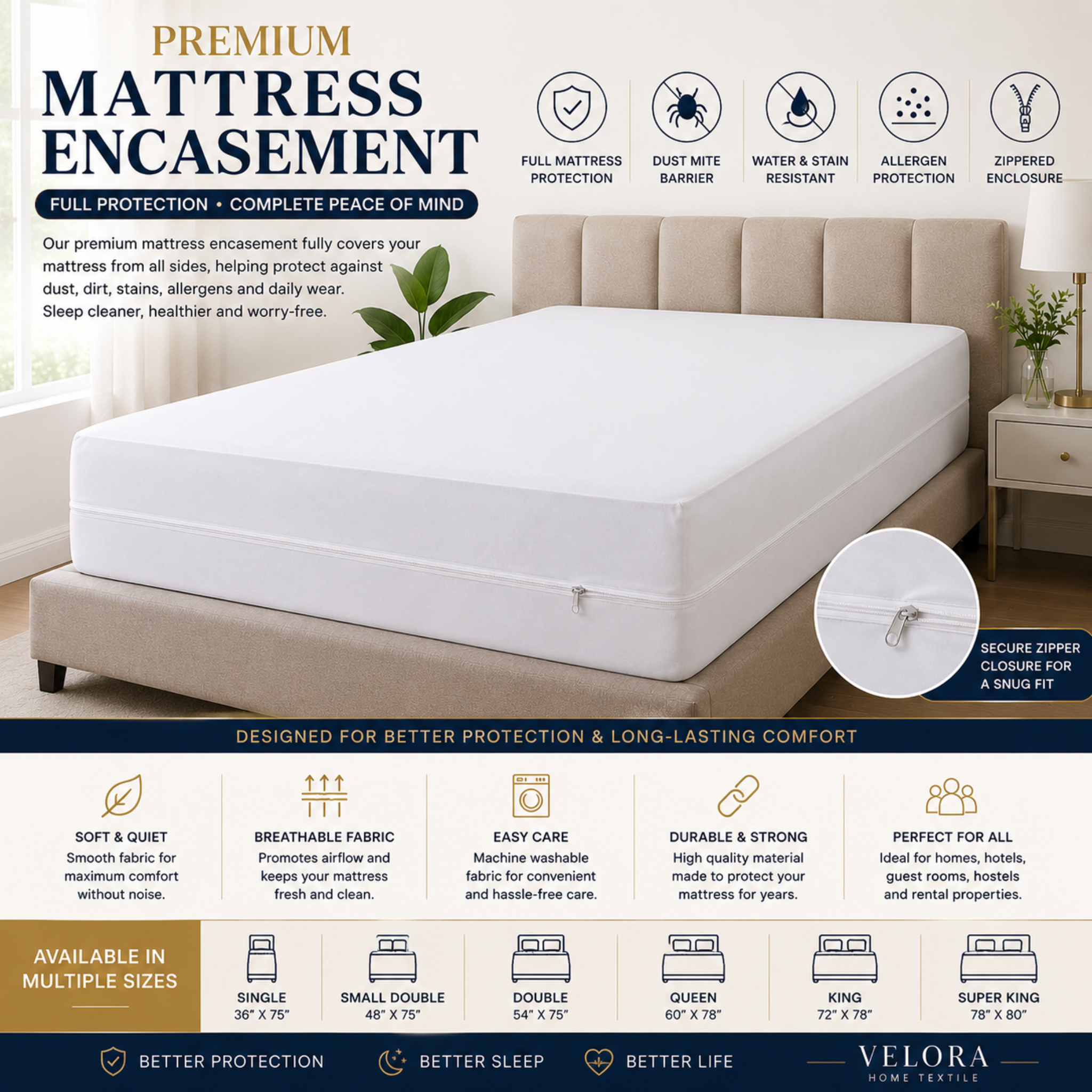 Premium Mattress Encasement – Full Mattress Protection Cover