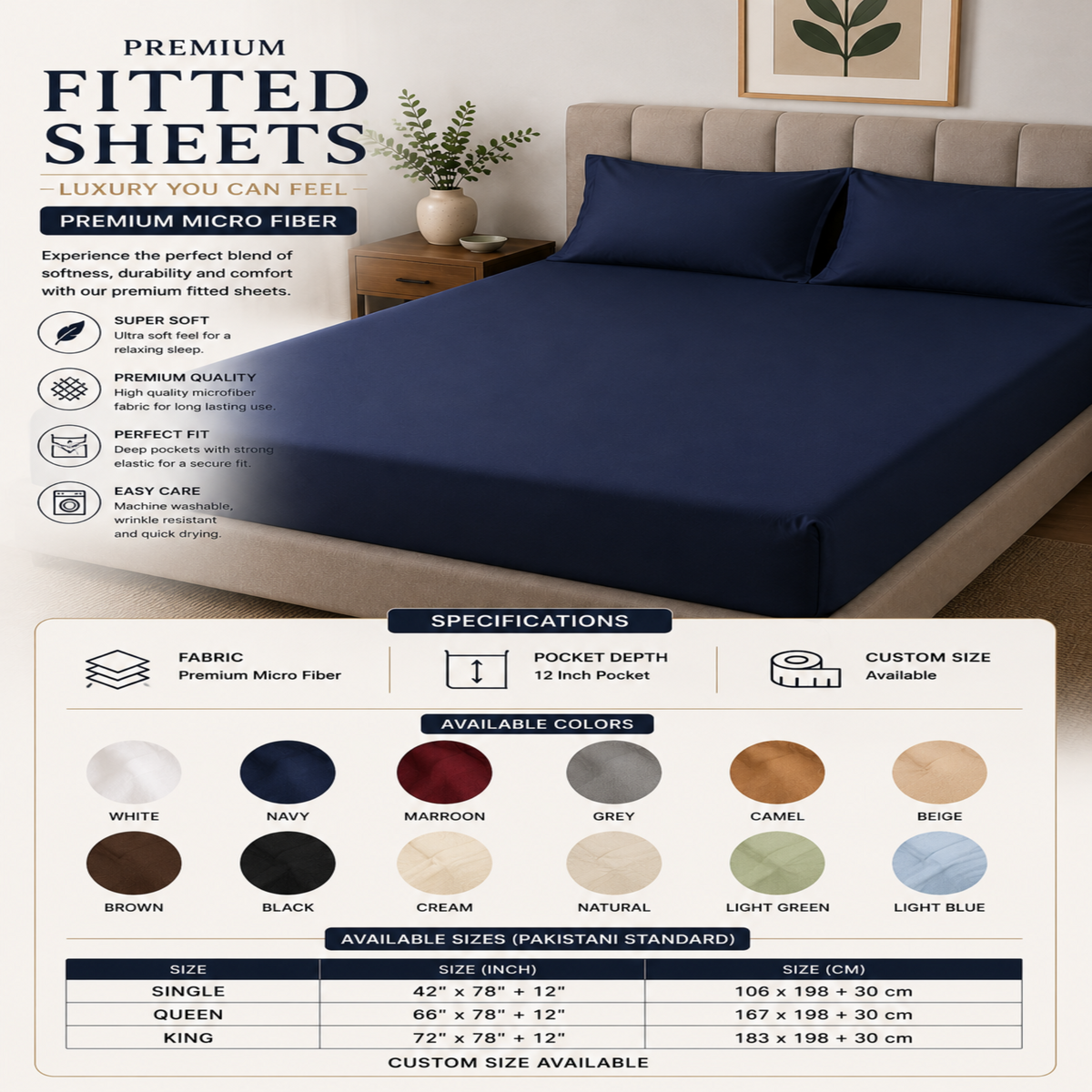 Premium Microfiber Fitted Sheet – 12-Inch Deep Pocket