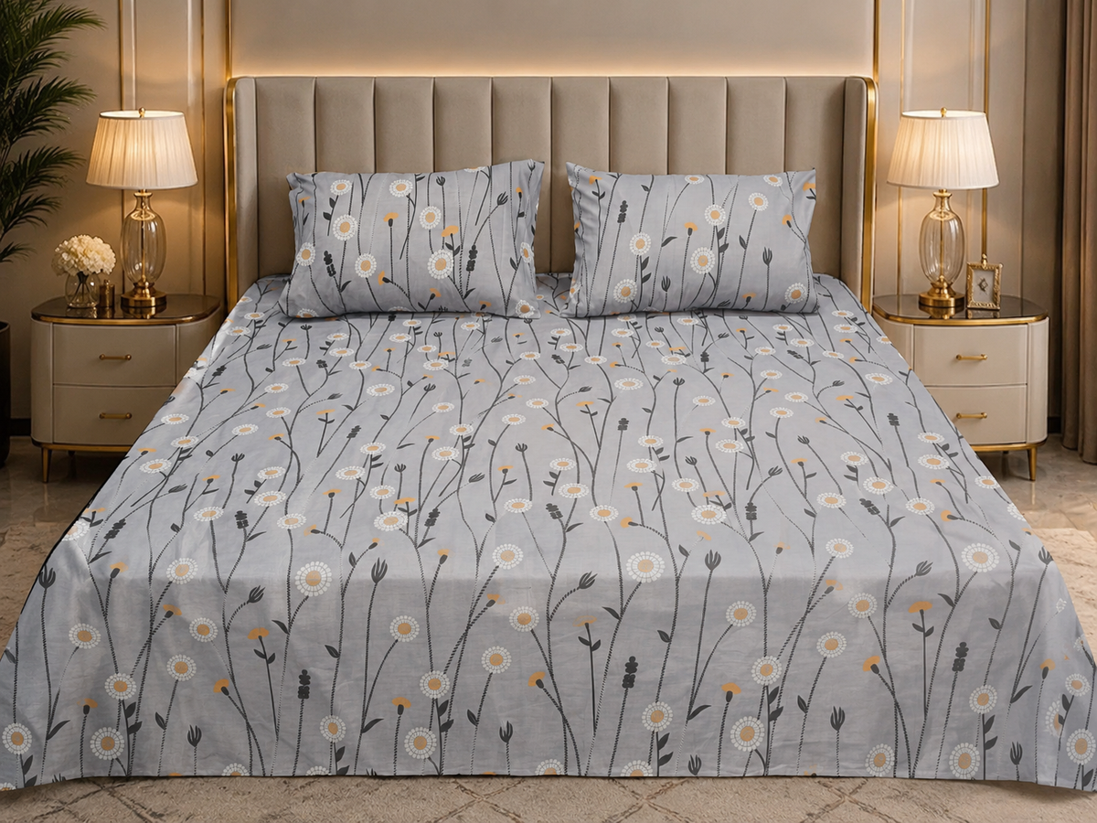 Premium Cotton Printed Bedsheet – Grey Floral