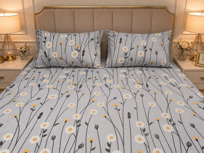 Premium Cotton Printed Bedsheet – Grey Floral