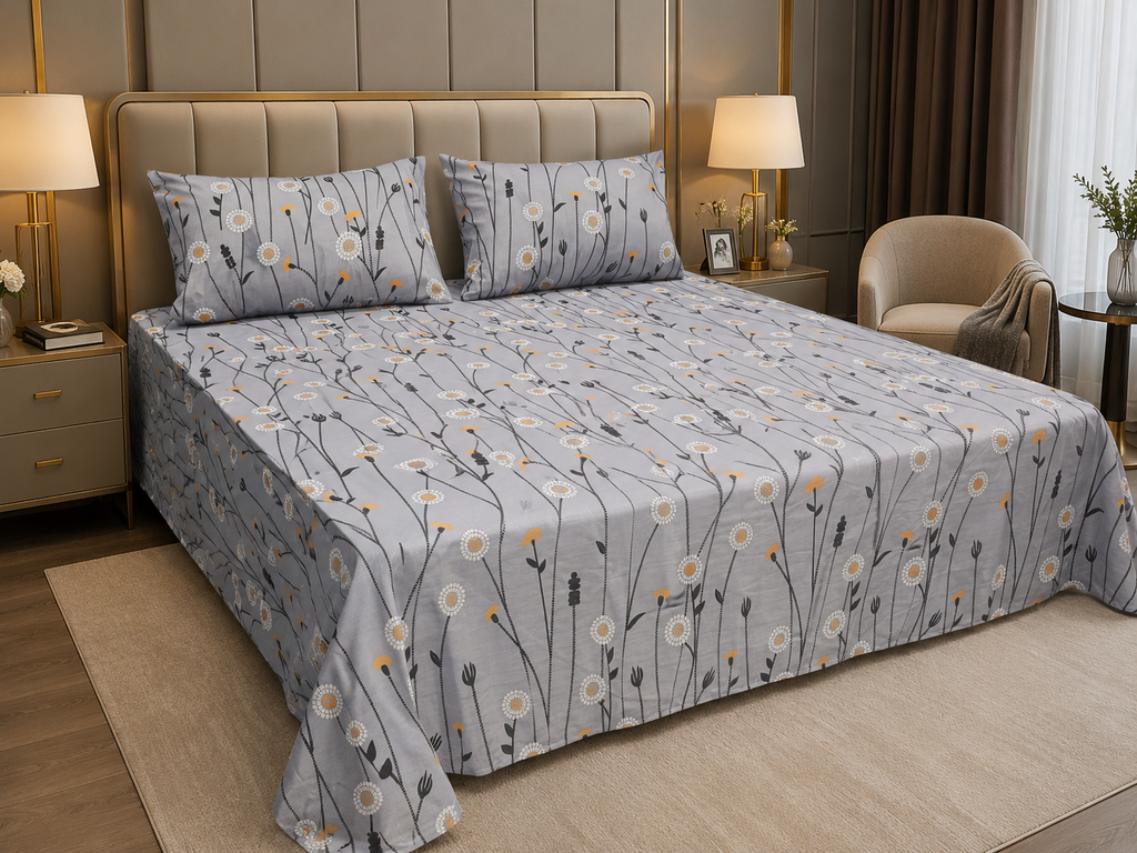 Premium Cotton Printed Bedsheet – Grey Floral