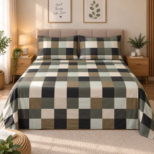 Buffalo Check printed bed sheet in olive, 100% cotton