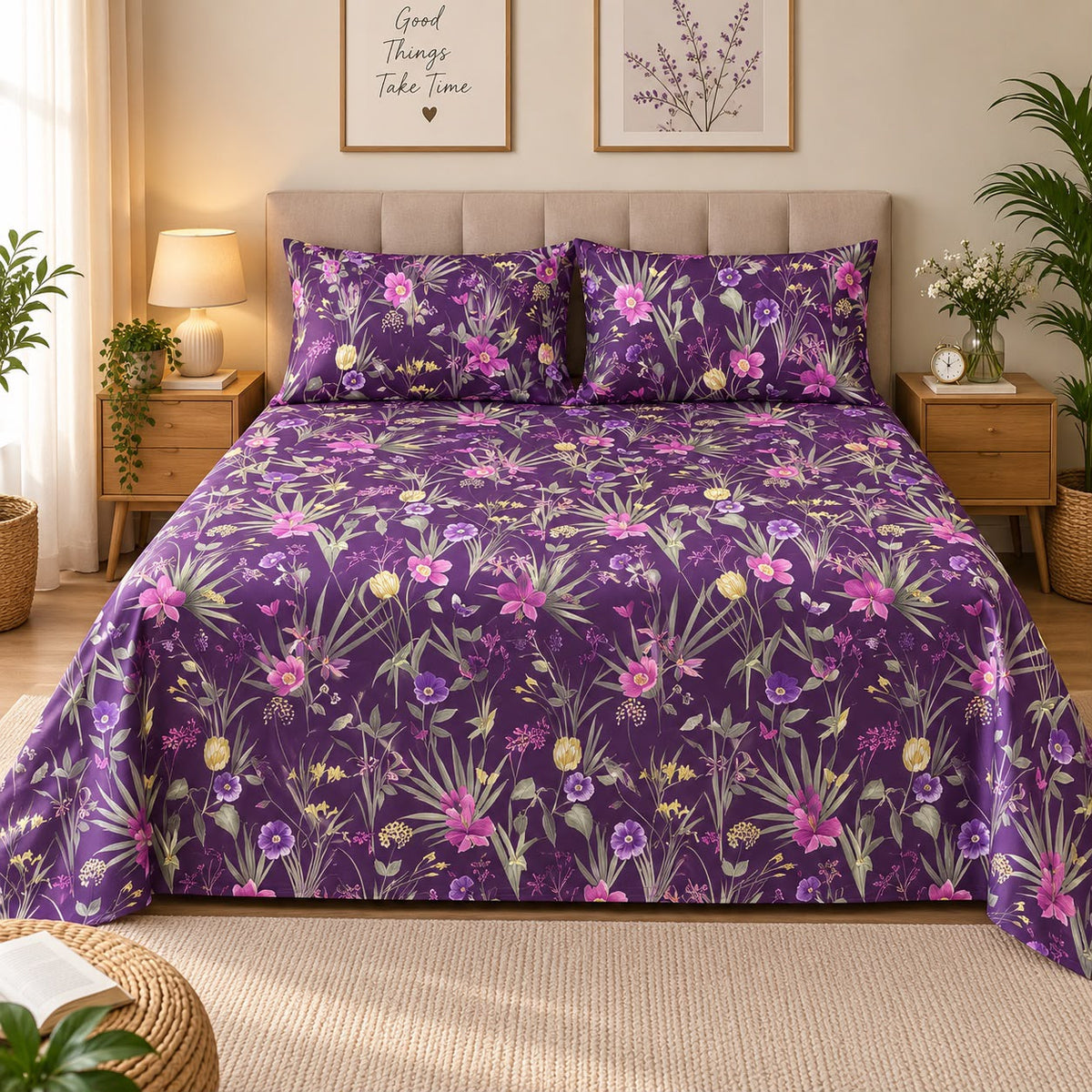 Meadow Bloom Printed Bed Sheet – Purple (100% Cotton Fabric)