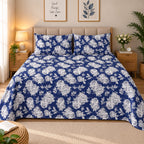 Vintage Peony Printed Bed Sheet – Navy (100% Cotton Fabric)