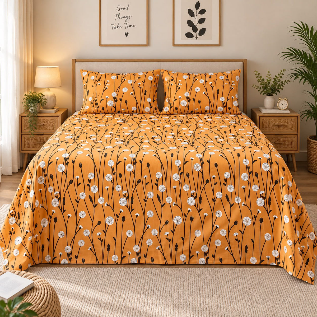 Dandelion Fields Printed Bed Sheet – Mustard (100% Cotton Fabric)