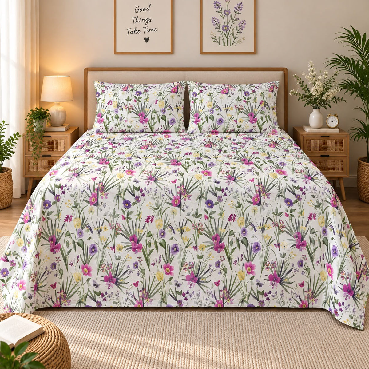Meadow Bloom Printed Bed Sheet – Ivory (100% Cotton Fabric)
