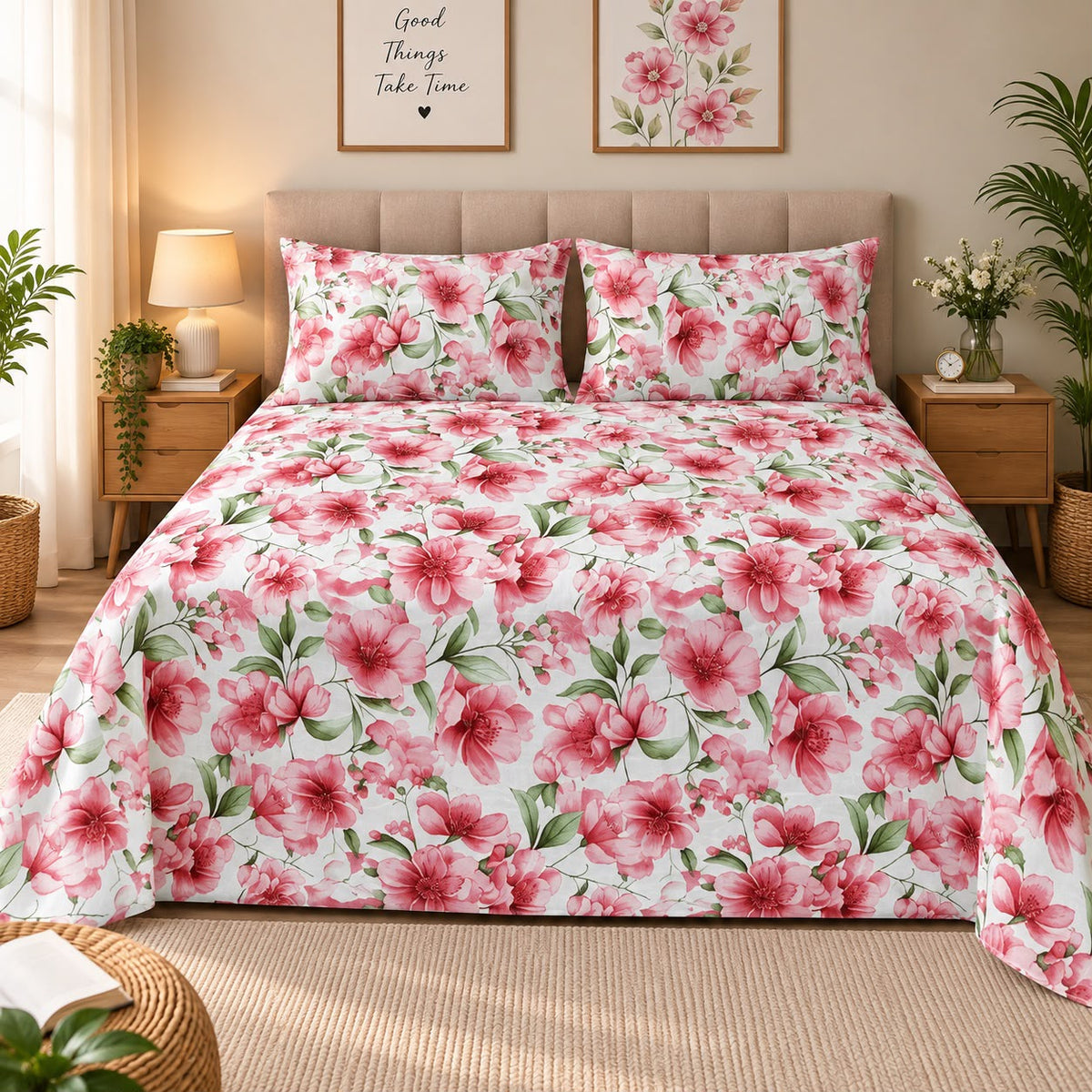 Cherry Blossom Printed Bed Sheet – Pink (100% Cotton Fabric)