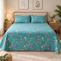 Meadow Bloom Printed Bed Sheet – Teal (100% Cotton Fabric)