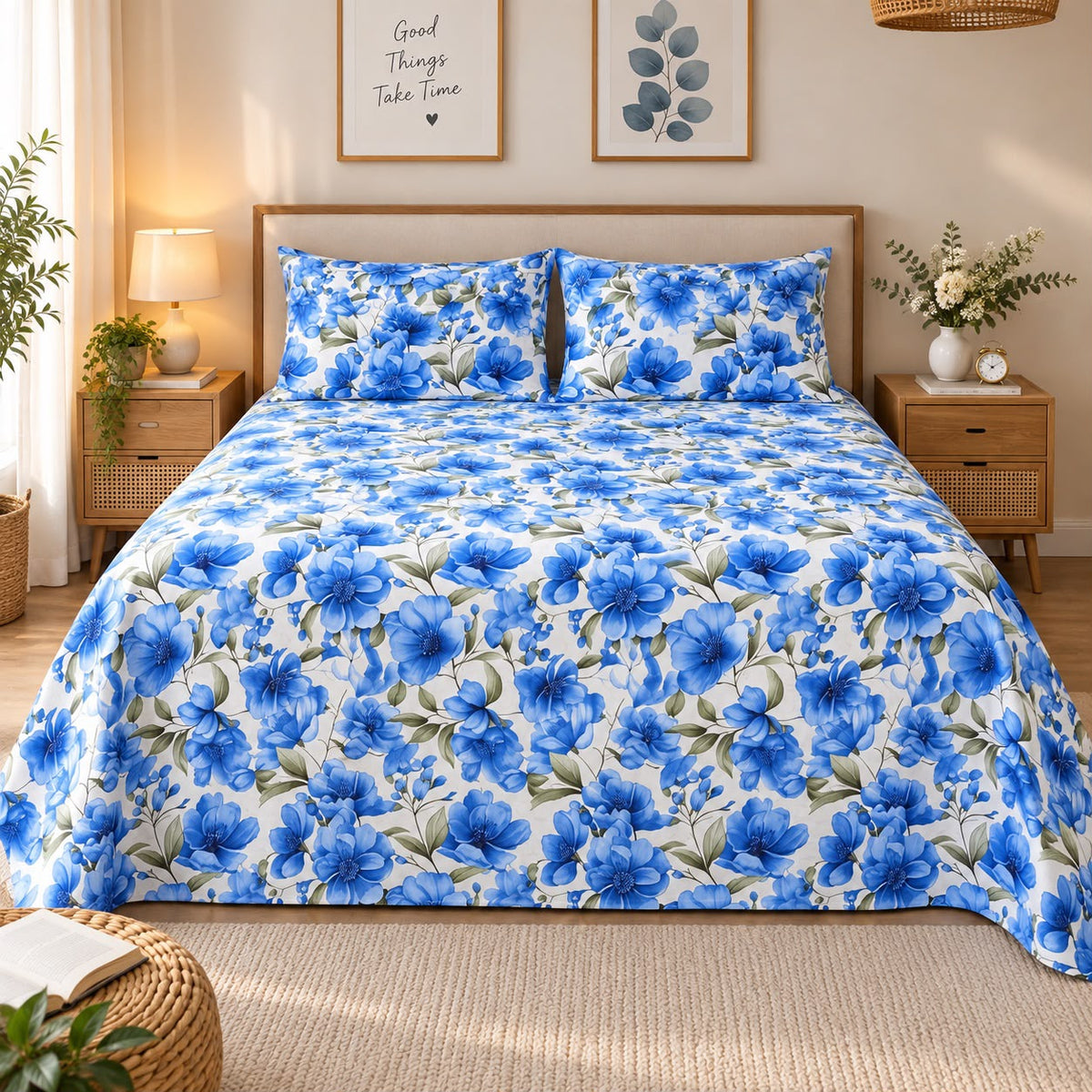 Azure Blossom Printed Bed Sheet – Blue (100% Cotton Fabric)
