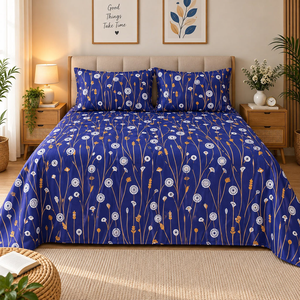 Dandelion Fields Printed Bed Sheet – Royal Blue (100% Cotton Fabric)