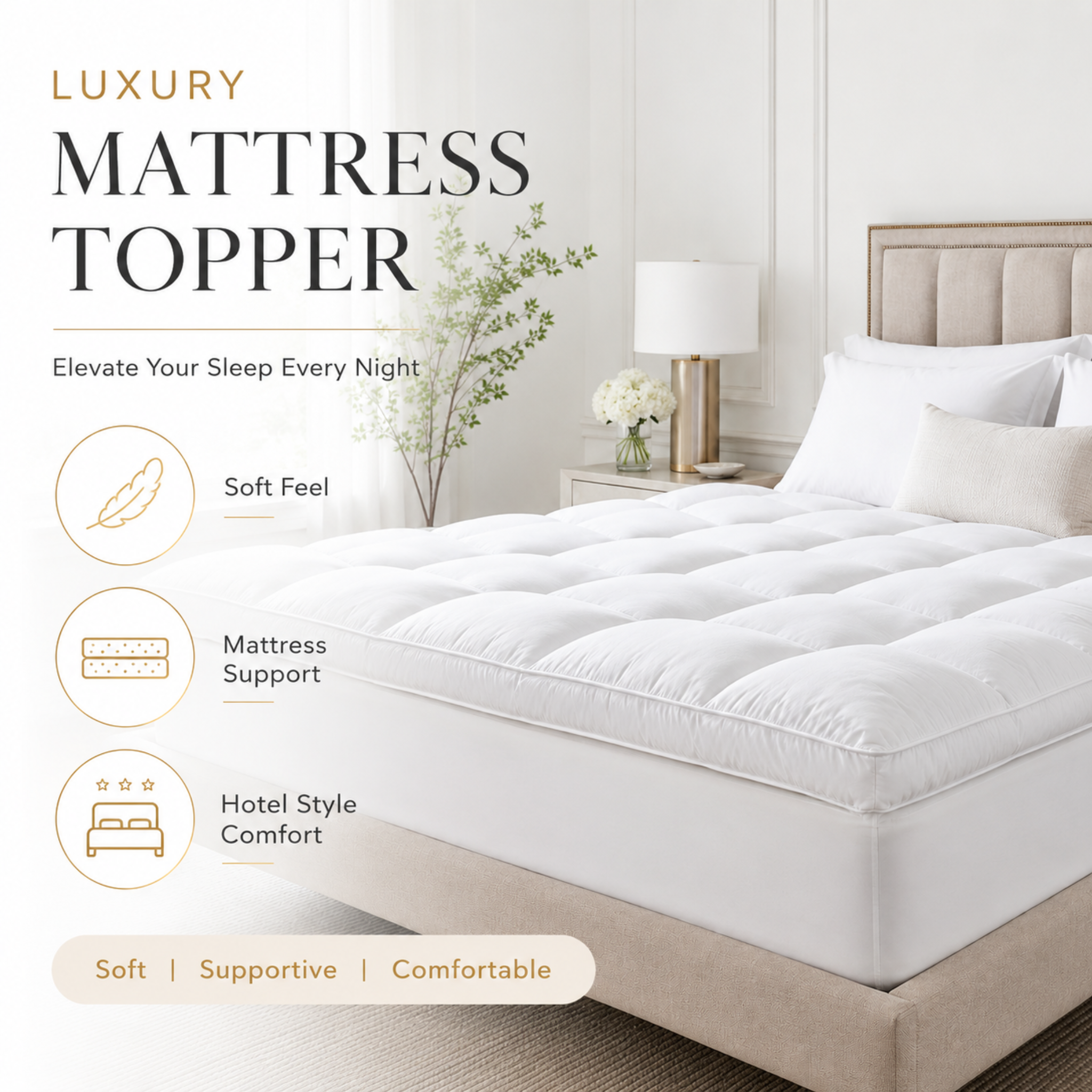 Mattress Topper Premium White  – Soft Comfort & Extra Mattress Support