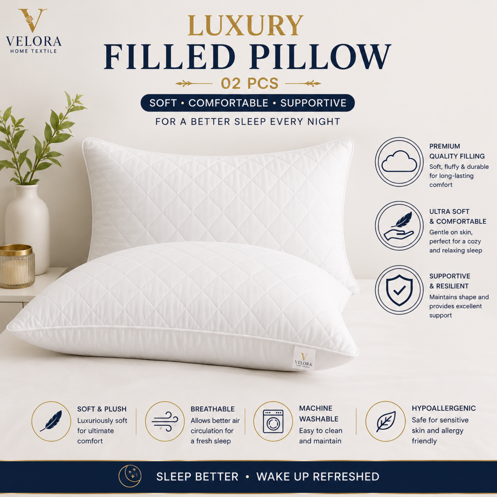 Premium Filled Pillow – Soft & Comfortable Sleeping Pillow
